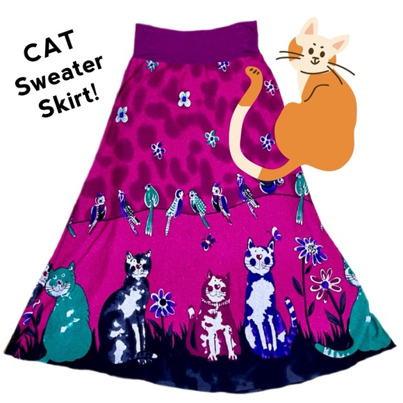 Dresses & Skirts - CAT Kitty themed A-line knit sweater skirt w BIRDS in pink green purple S or M